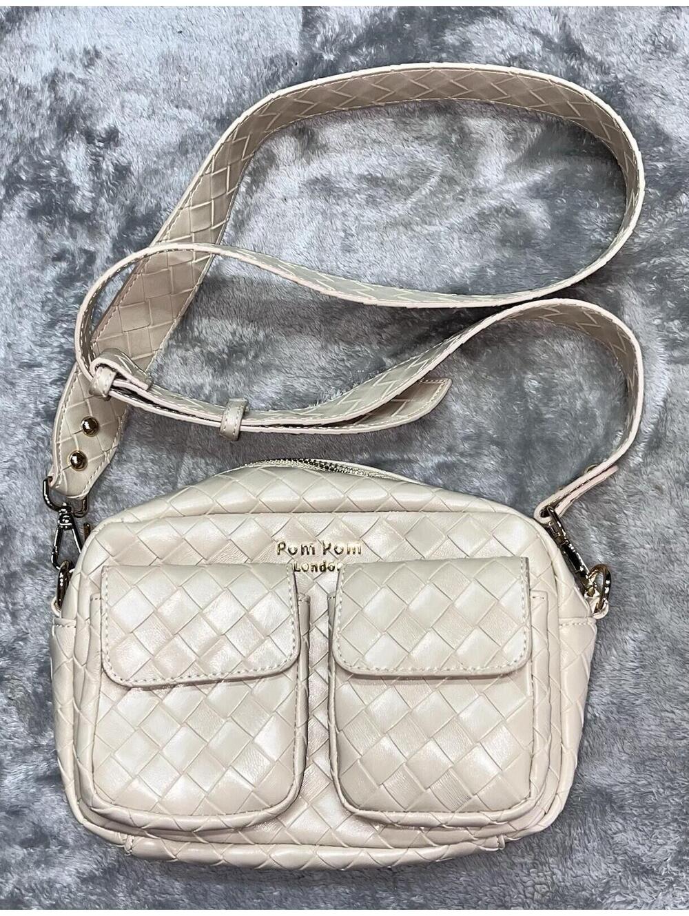 Pom Pom London Leather Chiswick Cargo Crossbody Bag Purse Iridescent Cream